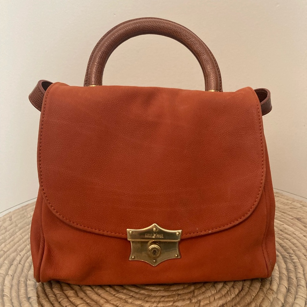 Gold Pfeil authentic top handle nubuck leather bag